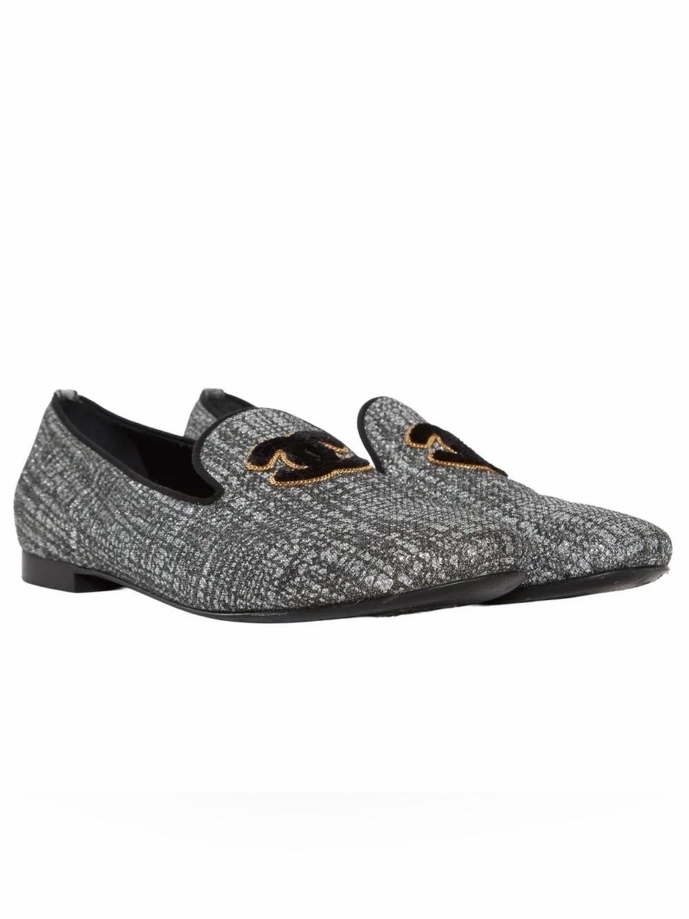 Chanel Gray Tweed Men's Slip-On Loafers with Embroidered Crest
